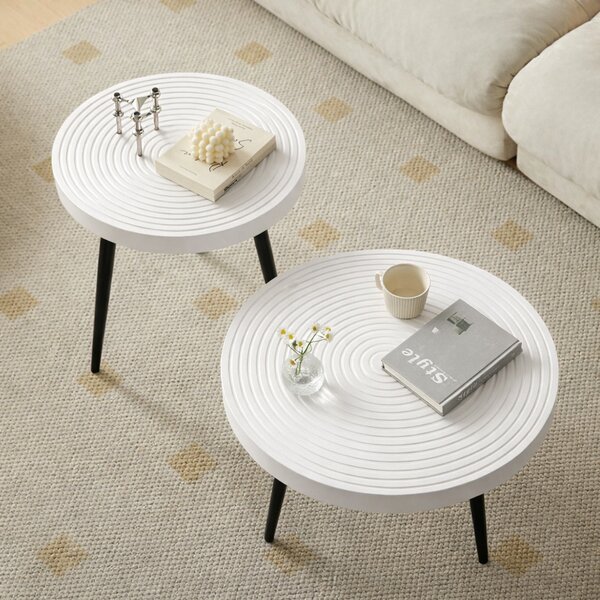 Set 2 Tavolini da Caffè Rotondi Ø60 cm e Ø50 cm Design Industrial in MDF e Metallo Bianco