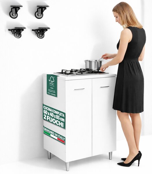 Mobile Cucina con Piano Cottura 2 Fuochi 60x40x85 cm con Piastre in Ghisa Bianco
