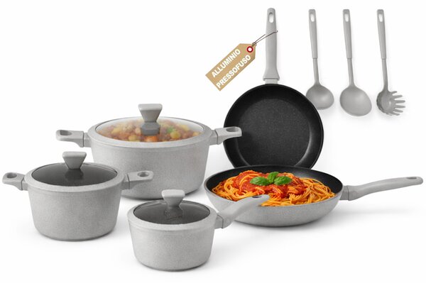 Set 11 Pezzi Batteria di Pentole Serena con 3 Mestoli in Alluminio Pressofuso Grigio
