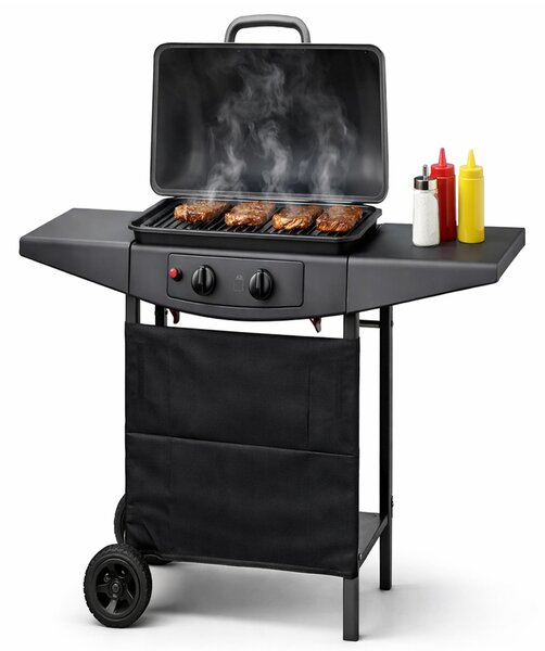 Barbecue a Gas 2 Fuochi 5 kW Griglia BBQ 45x32 cm con Piani Laterali e Ruote in Acciaio Nero