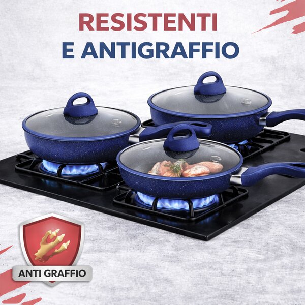 Set 6 Pezzi Padelle con Coperchio 20-24-28 cm in Alluminio Blu