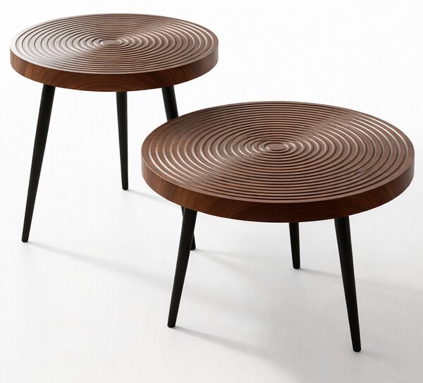 Set 2 Tavolini da Caffè Rotondi Ø60 cm e Ø50 cm Design Industrial in MDF e Metallo Noce