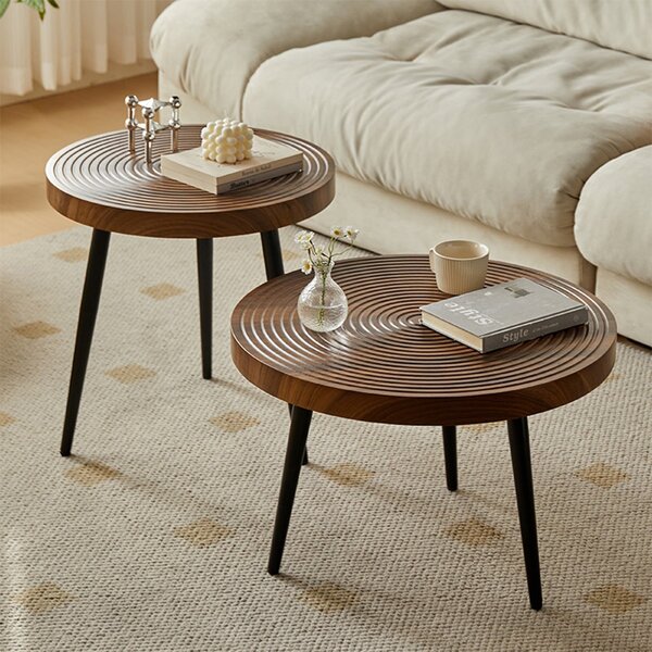 Set 2 Tavolini da Caffè Rotondi Ø60 cm e Ø50 cm Design Industrial in MDF e Metallo Noce