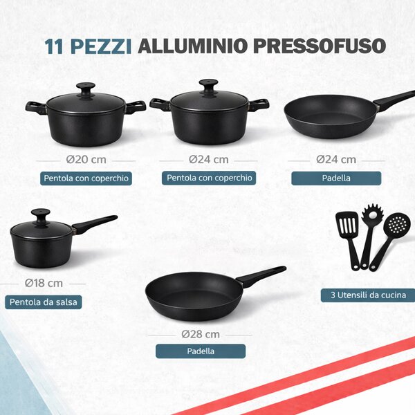 Set 11 Pezzi Batteria di Pentole Serena con 3 Mestoli in Alluminio Pressofuso Nero