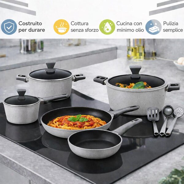 Set 11 Pezzi Batteria di Pentole Serena con 3 Mestoli in Alluminio Pressofuso Grigio