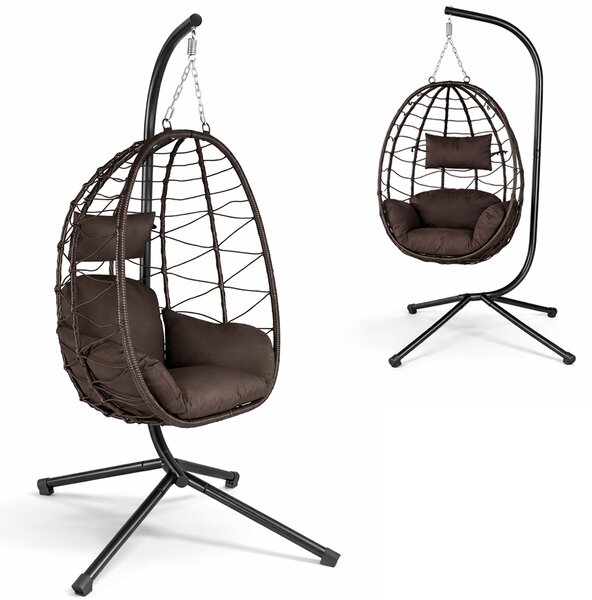 Poltrona Sospesa da Giardino 198x95x95 cm Sedia Uovo a Dondolo in Rattan e Metallo Marrone