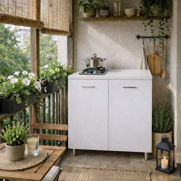 Mobile Cucina con Piano Cottura 2 Fuochi 80x60x85 cm con Piastre in Ghisa Bianco