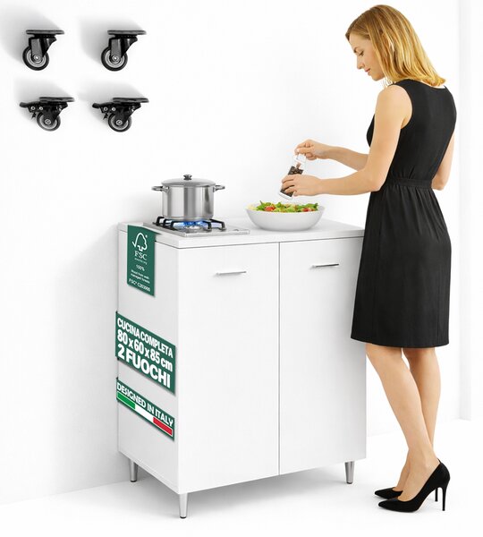 Mobile Cucina con Piano Cottura 2 Fuochi 80x60x85 cm con Piastre in Ghisa Bianco