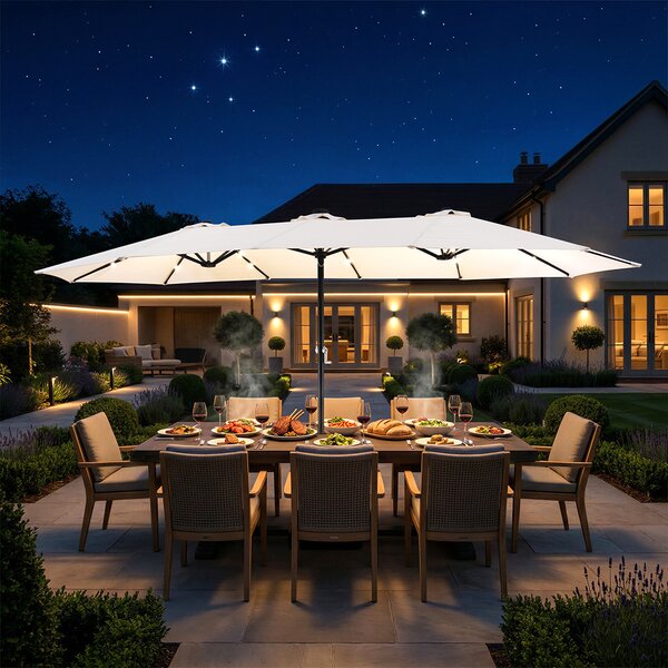 Ombrellone Doppio da Esterno 450x265x237 cm con Base e Luci Rivestimento Anti UV Crema