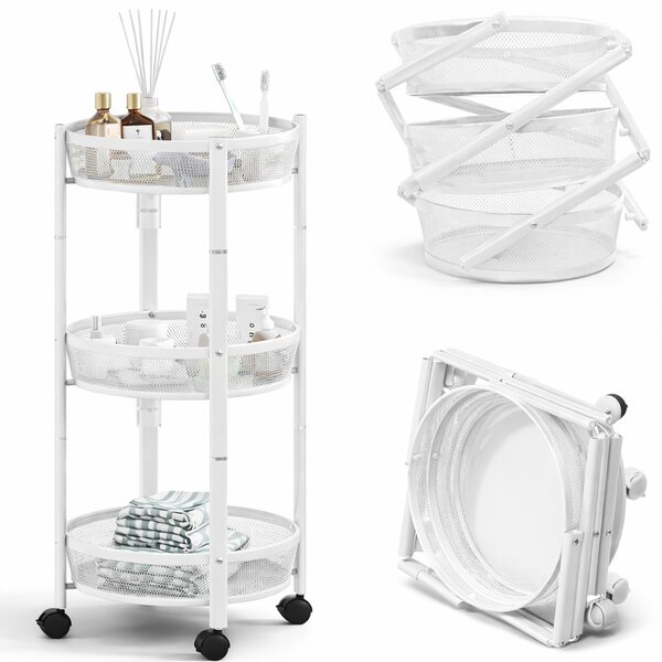 Carrello Pieghevole Salvaspazio Ø35x88 cm con 3 Ripiani Organizer Versatile in Metallo Bianco