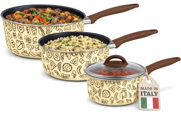 Set 3 Casseruole con 1 Coperchio Vetro e Manico Soft Touch Pentole 16-18-20 cm Beige
