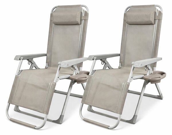 Set 2 Sedie Sdraio Gravity Luxor 90x67x110 cm con Vassoio Portaoggetti Poggiapiedi e Cuscino Tortora