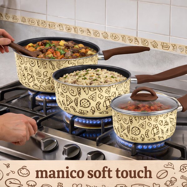 Set 3 Casseruole con 1 Coperchio Vetro e Manico Soft Touch Pentole 16-18-20 cm Beige