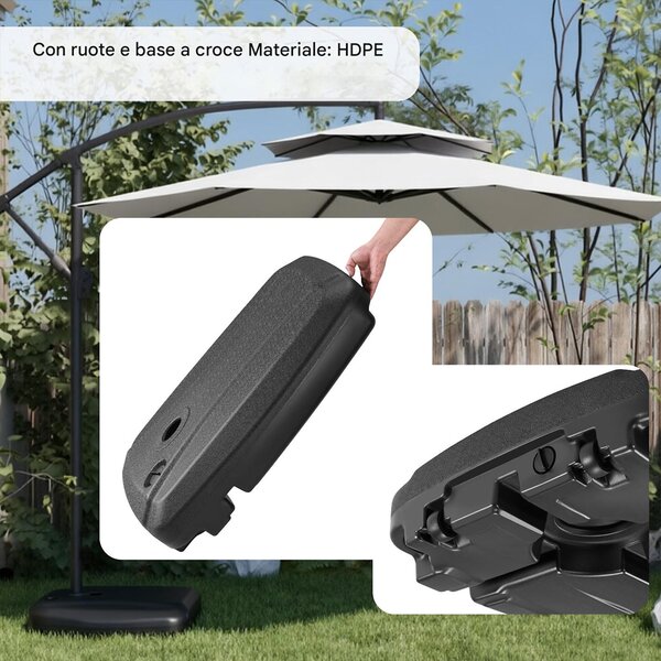 Base per Ombrellone da Giardino Banana 80x60x17 cm Riempibile 60 Litri Acqua o Sabbia con Ruote Nero