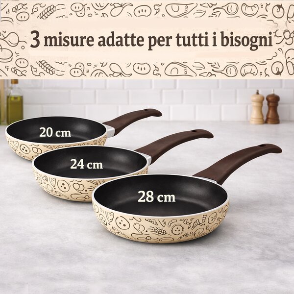 Set 3 Padelle Pastella 20-24-28 cm Antiaderente Manico Soft Touch Made in Italy Beige