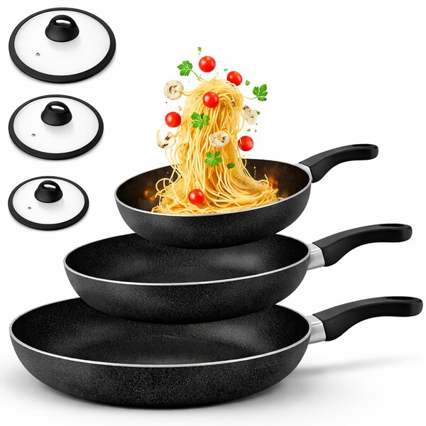Set 6 Pezzi Padelle con Coperchio 20-24-28 cm in Alluminio Antiaderente Nero