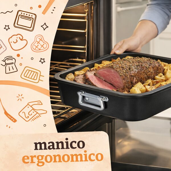 Set 4 Teglie Rettangolari Vulcano 20-25-30-35 cm Teglia da Cucina Antiaderente in Alluminio Nero
