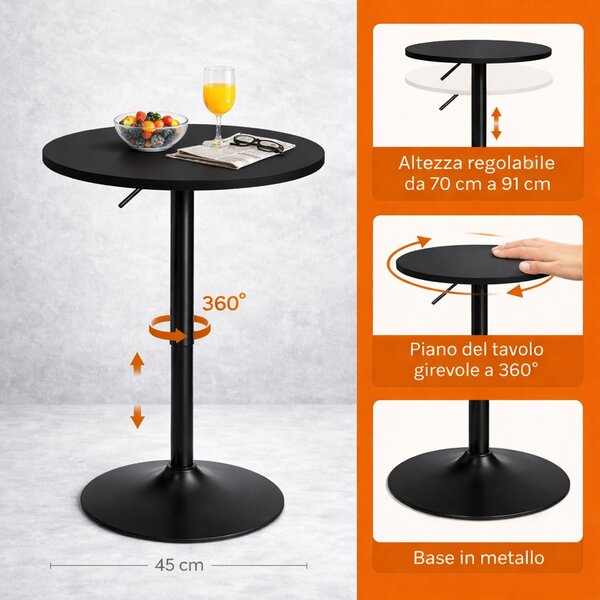 Tavolo Bar Girevole Ø60x70-91 cm con Altezza Regolabile in MDF e Metallo Nero