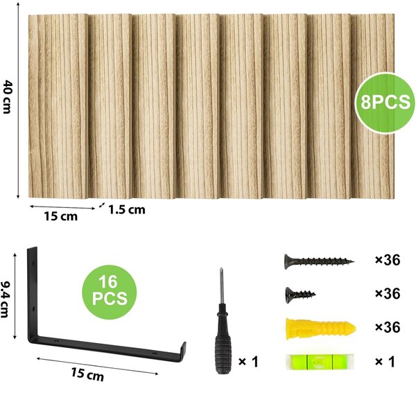 Set 8 Mensole da Parete 40x15x1,5 cm Staffe Nero Scaffalatura da Muro in Legno Rovere