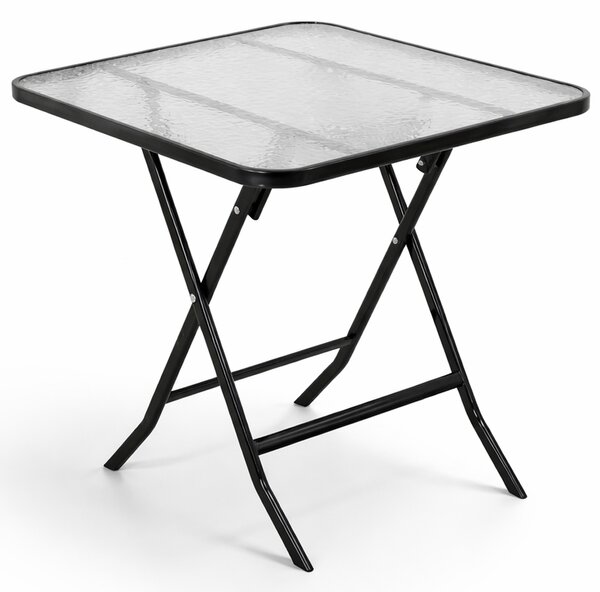 Tavolo Pieghevole Quadrato da Esterno 60x60x71cm con Struttura in Acciaio e Piano in Vetro Nero