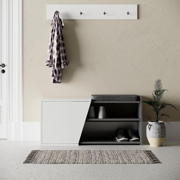 Panca Scarpiera da Ingresso 104x37x47 cm 2 Ripiani Porta Scarpe Mobiletto con Anta e Cuscino in MDF Bianco e Grigio