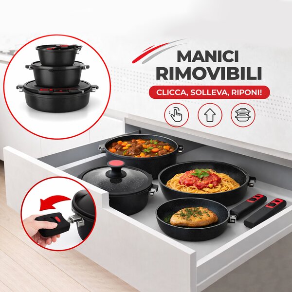 Set 24 Pezzi Batteria di Pentole Manici Removibili Rubino Suprem in Alluminio Pressofuso Nero