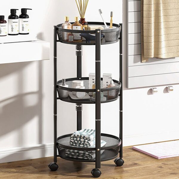 Carrello Pieghevole Salvaspazio Ø35x88 cm con 3 Ripiani Organizer Versatile in Metallo Nero