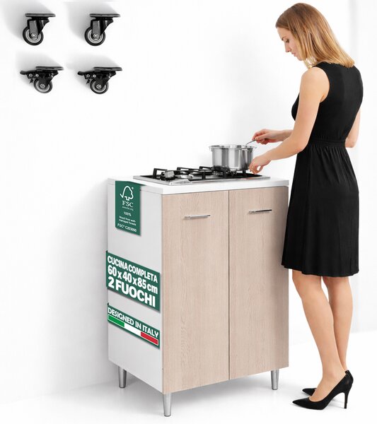 Mobile Cucina con Piano Cottura 2 Fuochi 60x40x85 cm con Piastre in Ghisa Olmo