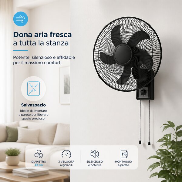 Ventilatore da Muro Ø43 cm Raffrescatore Silenzioso 65W 3 Velocità Installazione a Parete in Metallo Nero