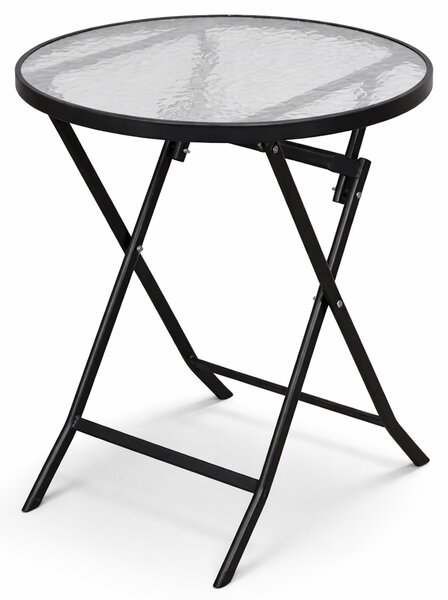 Tavolo Pieghevole Rotondo da Esterno Ø60x71cm con Struttura in Acciaio e Piano in Vetro Nero