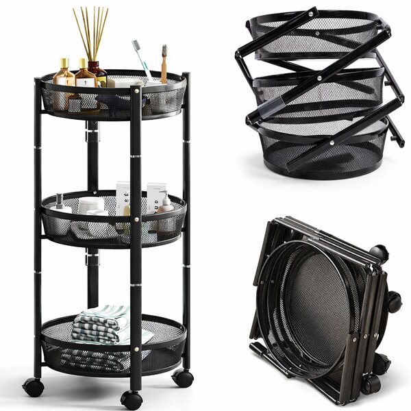 Carrello Pieghevole Salvaspazio Ø35x88 cm con 3 Ripiani Organizer Versatile in Metallo Nero