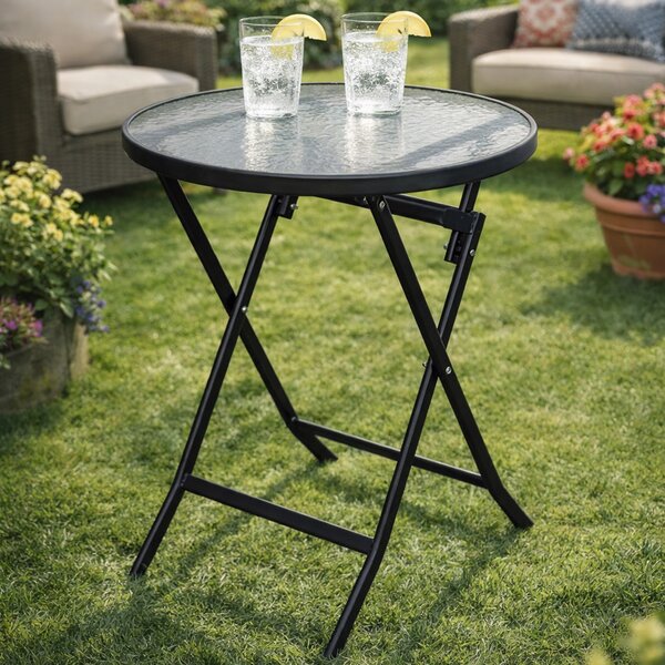 Tavolo Pieghevole Rotondo da Esterno Ø60x71cm con Struttura in Acciaio e Piano in Vetro Nero