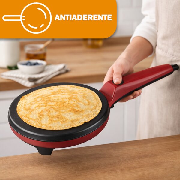 Crepiera Elettrica 700W con Manico Piastra in Alluminio Rivestimento Antiaderente Rosso