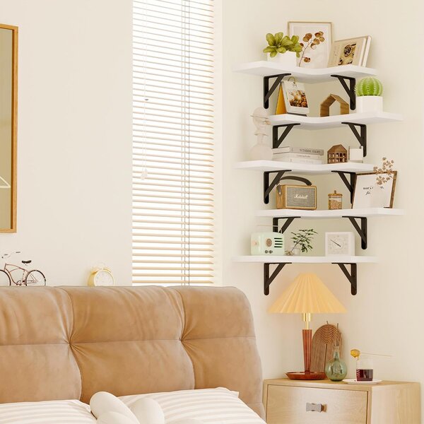 Set 5 Mensole Angolari a Parete 41x29 cm Scaffale ad Angolo da Muro in Legno Bianco