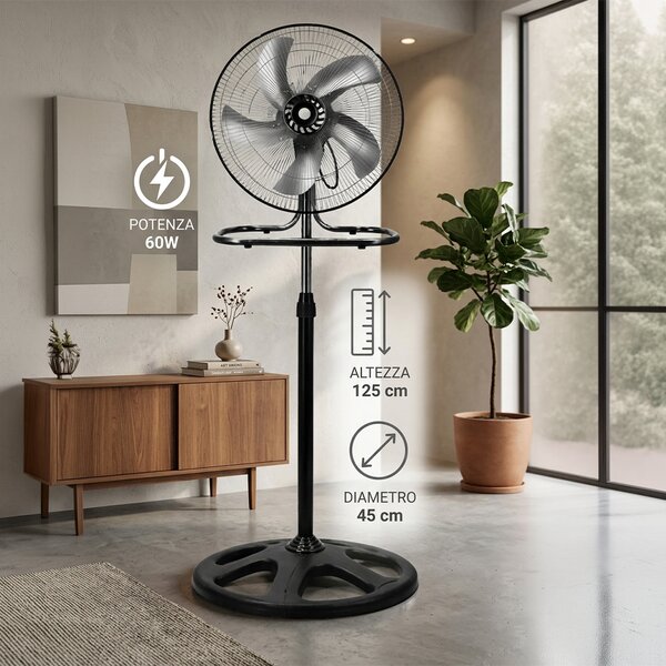 Ventilatore Manila 3 in 1 con Pale in Acciaio Ø45x125cm Testa Oscillante 3 Velocità Tripla Installazione Argento e Nero