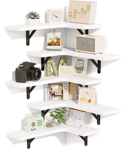 Set 5 Mensole Angolari a Parete 41x29 cm Scaffale ad Angolo da Muro in Legno Bianco
