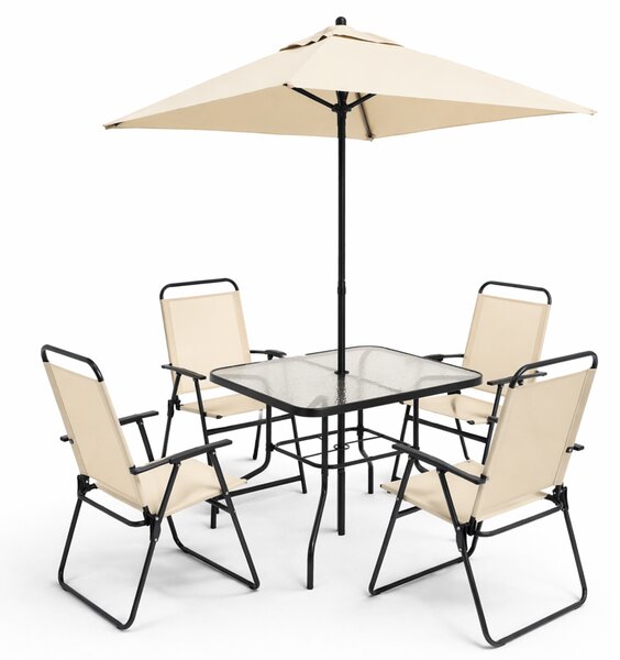Set 6 Pezzi da Pranzo per Giardino Patio con Ombrellone 4 Sedie Pieghevoli e Tavolo 85x85x70 cm Beige