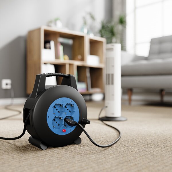 Avvolgicavo Multipresa 10 Metri con Interruttore di Protezione Prolunga e 4 Prese Nero e Blu