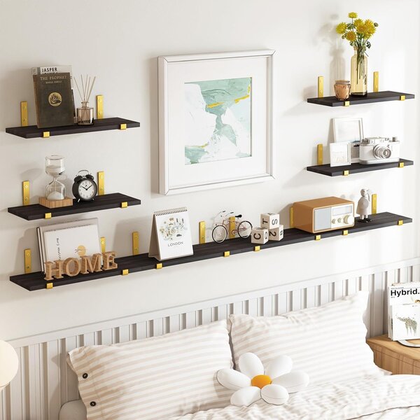 Set 8 Mensole da Parete 40x15x1,5 cm Staffe Oro Scaffalatura da Muro in Legno Nero