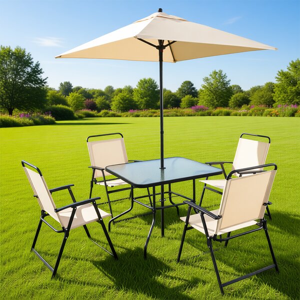 Set 6 Pezzi da Pranzo per Giardino Patio con Ombrellone 4 Sedie Pieghevoli e Tavolo 85x85x70 cm Beige