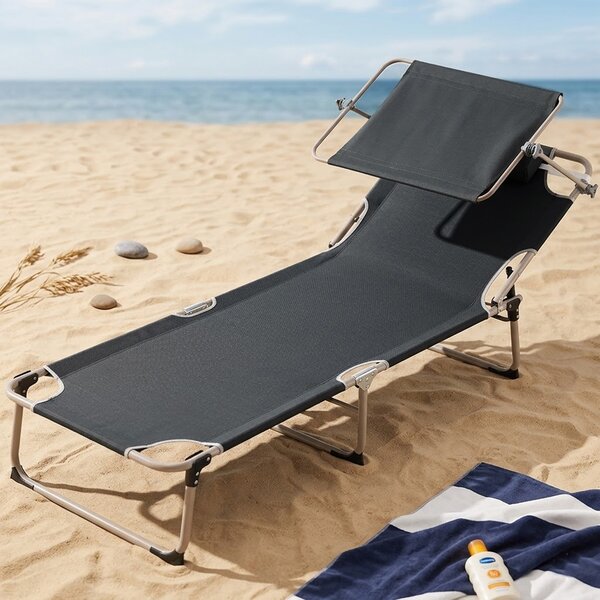 Lettino Prendisole da Spiaggia Pieghevole 62x180x 28 cm Schienale Reclinabile con Parasole in Tessuto Oxford Grigio