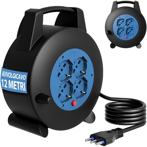 Avvolgicavo Multipresa 12 Metri con Interruttore di Protezione Prolunga e 4 Prese Nero e Blu