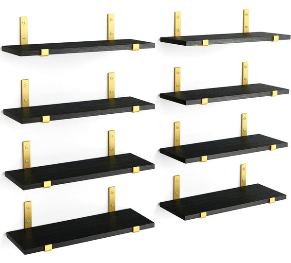 Set 8 Mensole da Parete 40x15x1,5 cm Staffe Oro Scaffalatura da Muro in Legno Nero