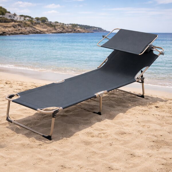 Lettino Prendisole da Spiaggia Pieghevole 62x180x 28 cm Schienale Reclinabile con Parasole in Tessuto Oxford Grigio