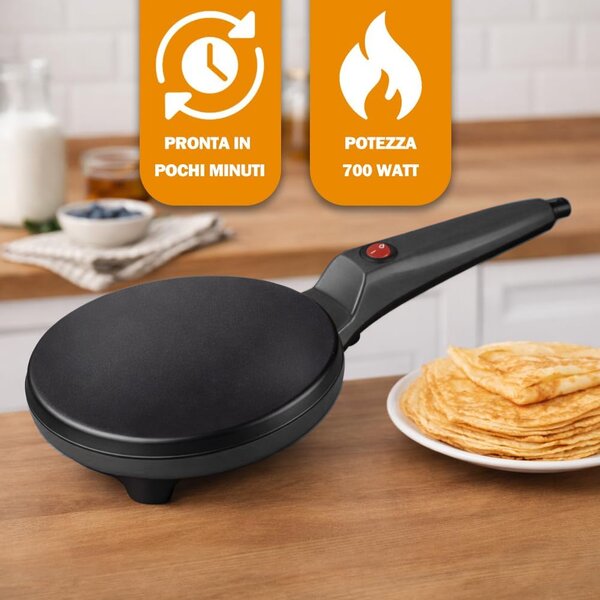 Crepiera Elettrica 700W con Manico Piastra in Alluminio Rivestimento Antiaderente Nero