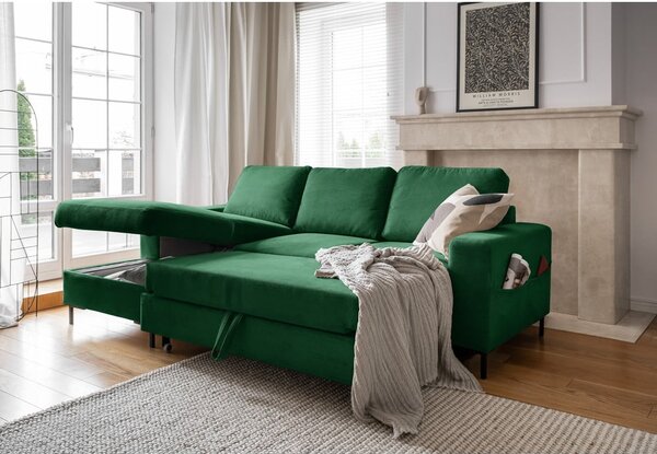 Divano letto in velluto a coste verde scuro (angolo sinistro) Lofty Lilly - Miuform