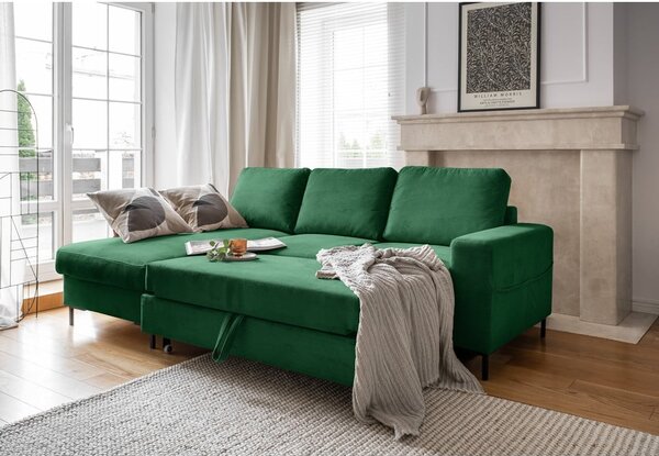Divano letto in velluto a coste verde scuro (angolo sinistro) Lofty Lilly - Miuform