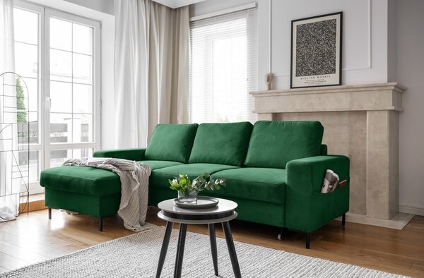 Divano letto in velluto a coste verde scuro (angolo sinistro) Lofty Lilly - Miuform