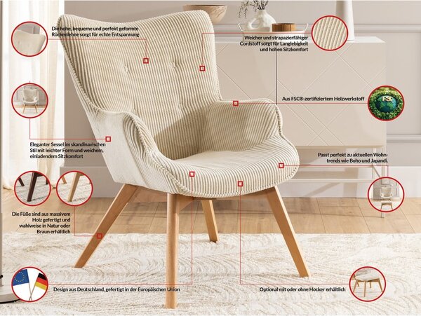 Poltrona con poggiapiedi beige con rivestimento in velluto a coste Niko – Ropez