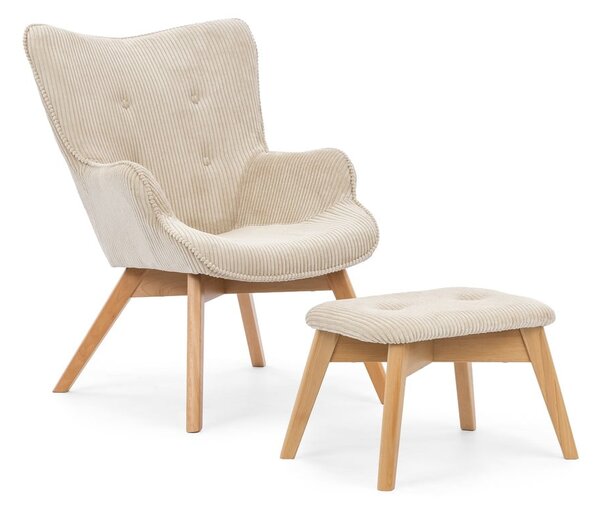 Poltrona con poggiapiedi beige con rivestimento in velluto a coste Niko – Ropez